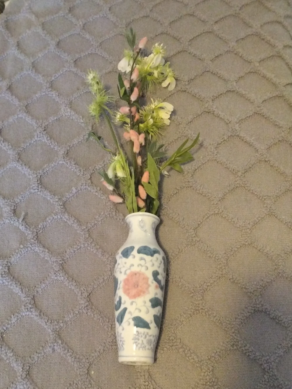 Floral Ceramic Bud Vase with Pink and Blue Accents